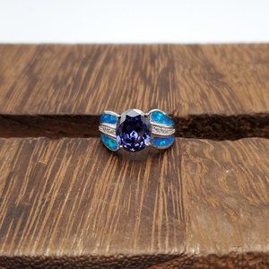 Size 7 925 Sterling Silver Stunning Purple Cubic Zirconia With Blue Opal Ring